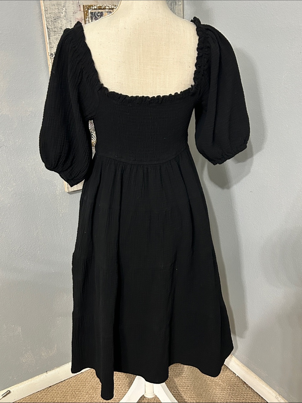 Black Puff-Sleeve Square Neck Midi Dress